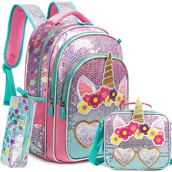 Girls Backpack Sequin with Lunch Box, Pink Set, 16"